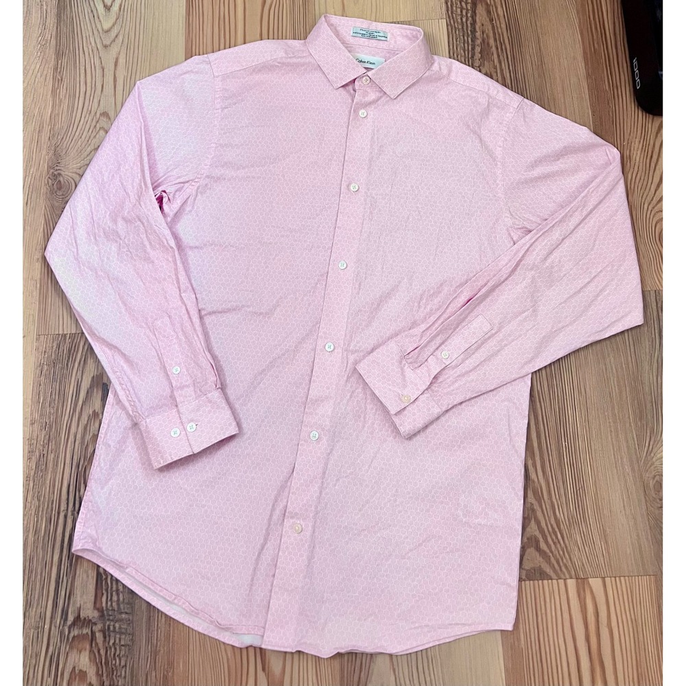 Calvin Klein Mens Pink Preppy Honeycomb Print Button Down Dress Shirt Size 20